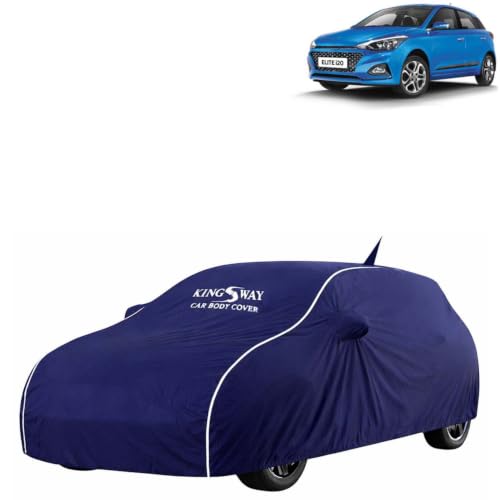 Image of KINGSWAY Super Waterproof Car Cover Only with Hyundai Elite I20 (Year 2018 to 2020 - All Model) | Mirror and Antenna Pockets | All Weather Car Body Cover with Silver Piping | Blue