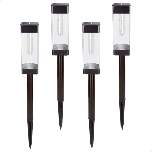 AKTIVE Set 4 balizas solares LED 6 lúmenes, Iluminación exterior para jardín y caminos, Luz cálida, Con estaca, Carga solar, Botón ON/OFF, IP44, Autonomía 8h, Instalación sin cables (61575)