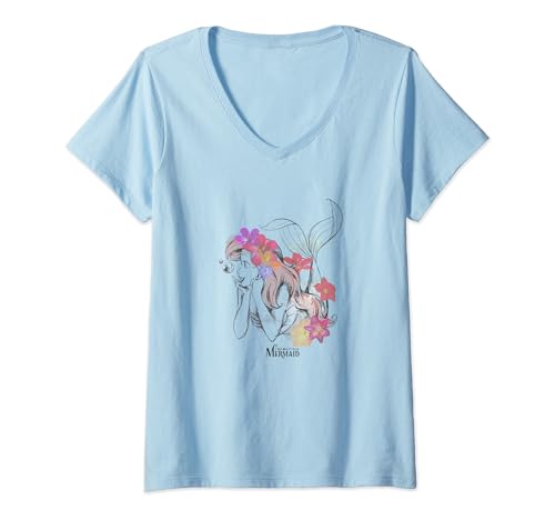 T-shirt Ariel pour femme vêtement Disney col V motif fleurs t-shirt mode