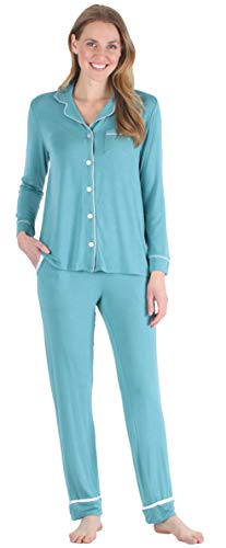 bSoft Women's Bamboo 2-Piece Long Sleeve Button-Down Pajama Lounger Set, Teal (BS1900-5052-MED)