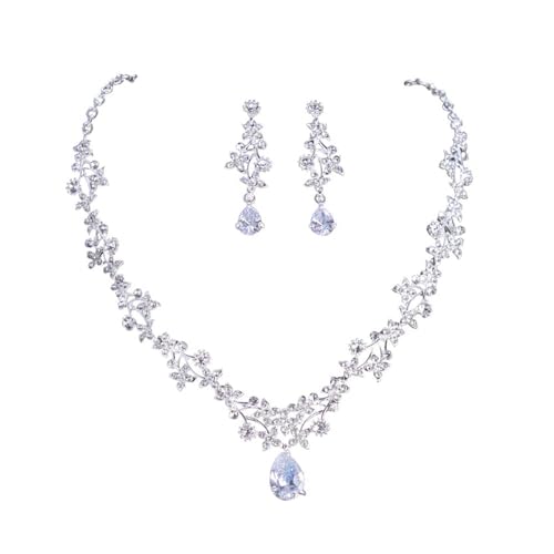 FFWTPY Ensemble de Bijoux de Mariage Cristal Parure Collier et Boucles d'oreilles en Argent avec Strass Fleur Feuille Pendentif Soirée Cadeau pour Femmes et...