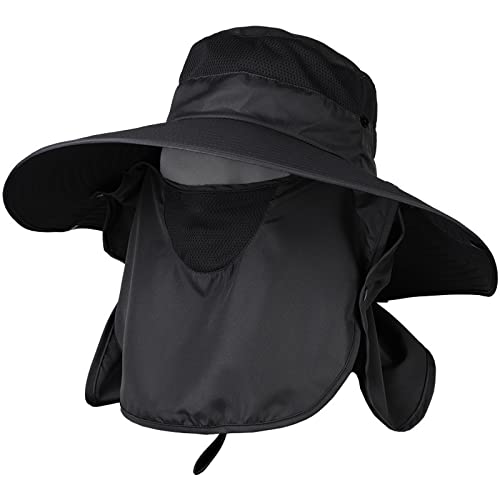 Chapeau de soleil large bord homme femme noir avec rabat de cou respirant