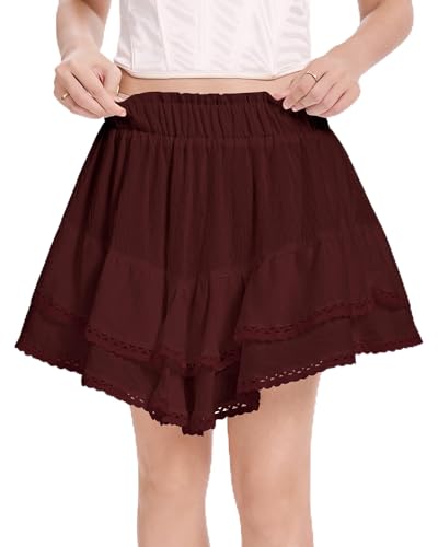 Flowy Shorts with Pockets for Women High Waist Ruffle Tiered Skort Boho Mini Casual Golf Skirt Dark Fuchsia