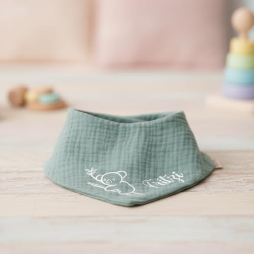 Personalisiertes Dreieckshalstuch aus Baumwolle/Musselin | Koala mit Namen | Halstuch für Jungen, Mädchen | Viele Farben (Dunkelmint)