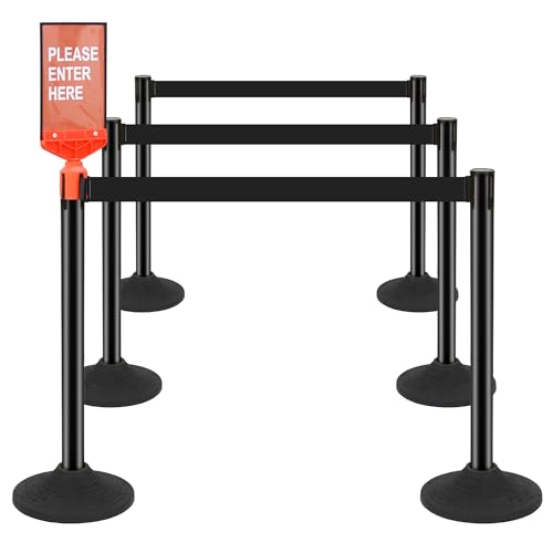 Image of 6 Pack Stanchions with Retractable Belts - Heavy Duty Crowd Control Barriers with Weighted Rubber Base, Retractable Belt Stanchions for Queue Line, Events, Public Safety(Black,6 Pack)
