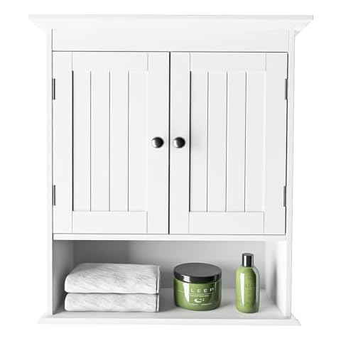 Modern Bathroom Wall Cabinet with Open Compartment & Adjustable Shelf - Wall Mounted Utility Medicine Cabinet for Kitchen, Living Room Laundry Room - Wooden Storage Over Sink Toilet Cover