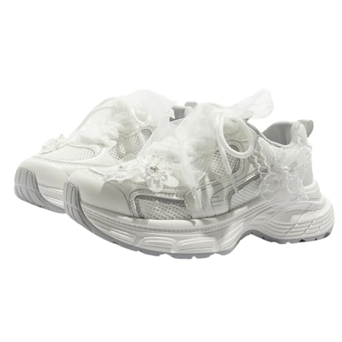 Women's Cute White Sneakers, Pearl Accent Dad Shoes Breathable Mesh Upper Bow Detail Butterfly Laces Platform Fashion Athletic
