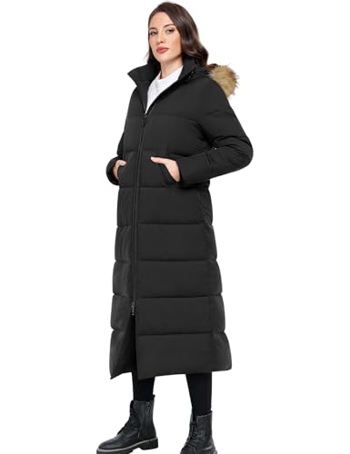 Long Winter Puffer Coat for Women Winter Faux Fur Quilted Jackets with Detachable Hood Maxi Length Zip Outerwear