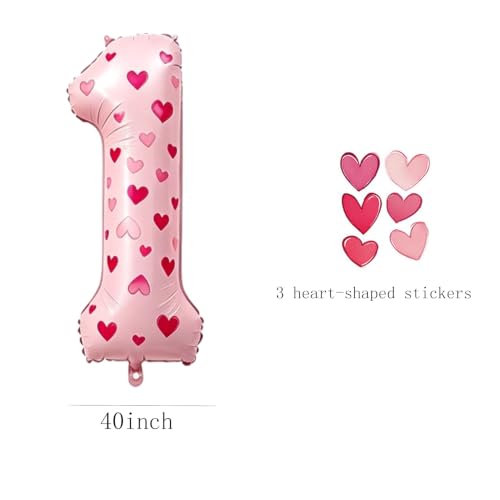 Image of 40 Inch Pink Heart Shaped Stickers Number 1 Balloon Happy Birthday Party Decorations Big Foil Number Balloons for Birthday Anniversary Party Supplies，Light pink 1