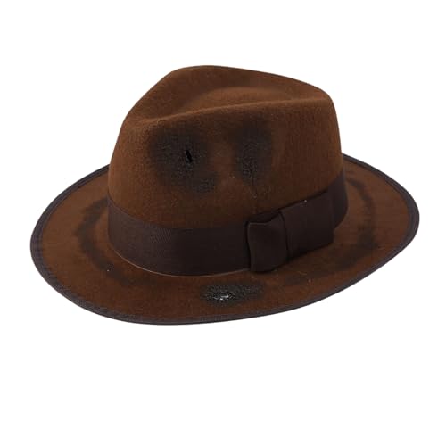 COLLECT PRESENT Distressed Brown Fedora Costume Burned Look Creeper Hat for Halloween Cosplay or Scary Dress-Up - Vintage-Look Brown Hat for Creepy Cosplay & Haunted Costumes