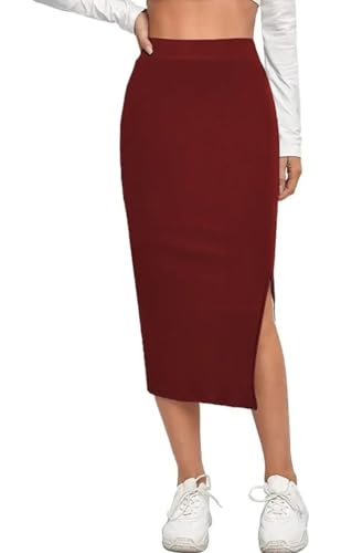 Image of Women's High Waist Bodycon Midi Skirt with Side Slit | Stretchy Pencil Skirt for Office, Casual Below Knee Length Elegant Slim Fit Skirt for Women