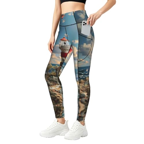 Legging de fitness doux à poches pour femme sport et running imprimé marin