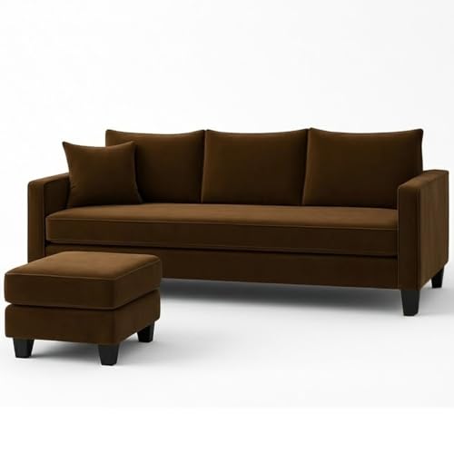 Image of FURNY Conva 4 Seater L Shape Sofa Set with Movable Ottoman | Flexible Left or Right Layout | Plush Velvet Fabric (Dark Brown) | Perfect for Living Room, Guest Room & Office