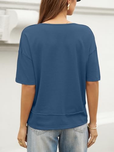 Image of UNCLECAT Womens V Neck T Shirts Summer Trendy Loose Fit Casual Tops Tees | Short sleeve, Spliced hem, Flowy graphic tees,Solid color cute basic t-shirts