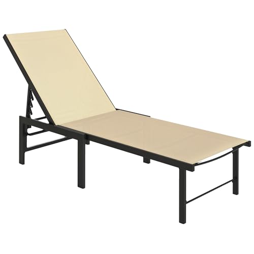 Outsunny Tumbona Jardín Exterior, Tumbona Reclinable con Respaldo Ajustable en 4 Niveles y Estructura de Acero, Impermeable, Carga 120 kg, para Patio, Terraza, Balcón, 166x60x84 cm, Caqui