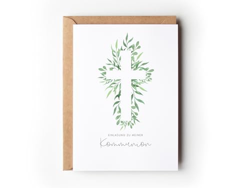 10 Einladungskarten Kommunion Eukalyptus mit Umschlägen Boho Einladungen Erstkommunion floral zum Ausfüllen Einladung modern Heilige Kommunion Jungen Mädchen (Einladung Kommunion Eukalyptus)