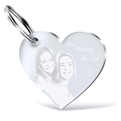 CHRISCK design Herz Schlüsselanhänger mit Foto Gravur aus Acryl Glas - Gravierter Anhänger mit Bild als persönliches Muttertagsgeschenk Mama - personalisierte Geschenke Freund Freundin Paar Familie