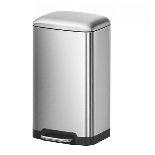 SONGMICS HOME Stainless Steel Trash Can with Soft Close Lid, 8 Gallons, Trash Bin with Inner Bucket, Silver