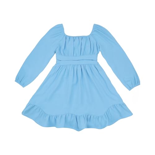 Little Bitty Girls Long Sleeve Dresses Teens Tie Back Smocked Waist Fall Winter Outfits Party Midi Dress for 4-13 Years