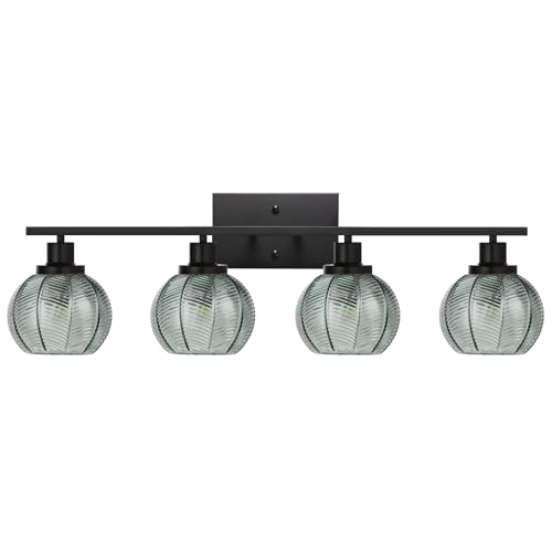 Image of 4-Light Bathroom Vanity Light, Black with Green Ribbed Glass Shades, Mid-Century Modern Wall Sconce Industrial Farmhouse Bathroom Wall Light for Hallway Bedroom Bedside Over Mirror