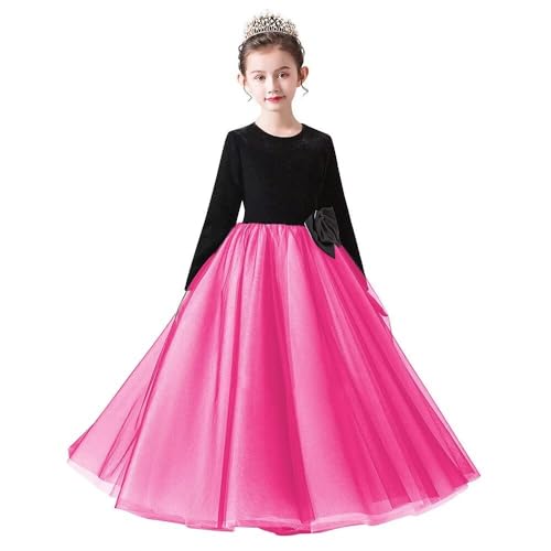 dideyttawl Long Pageant Dresses Girls Formal Dresses Size 4-16 Long Sleeves Tulle Velvet Round Neckline Flower Girl Dress