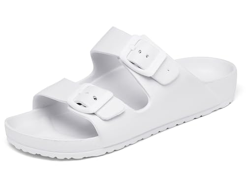 Meik Mangni Boys Girls Double Buckle Slip On Slide Kid Beach Sandals Adjustable Eva Summer Pool Shower Shoes Indoor Outdoor Slippers,White,Size:2 Big Kid cover