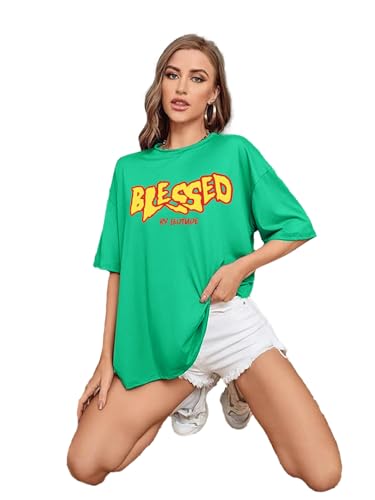 Image of LEOTUDE Women's Oversized Round Neck Half Sleeve Cotton Blend Graphic Printed T-Shirt | Top for Women & Girls (Color: Blue)