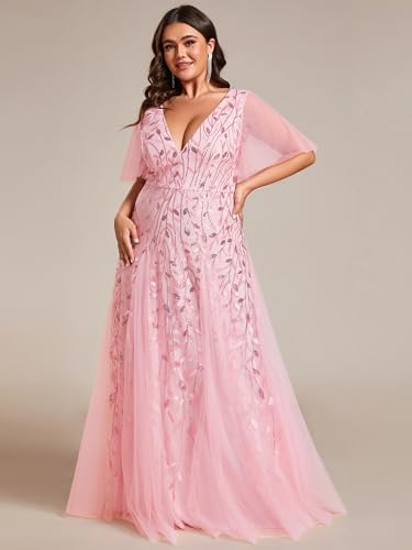 Image of Ever-Pretty Women's Sequin V Neck Plus Size Formal Dresses Evening Gown | Short Sleeve, A-Line, Empire Waist, Plus Size Mother of the Bride Dresses, Plus Size Gala Dress