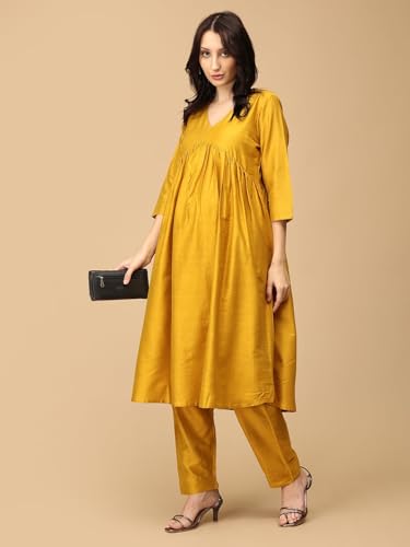 Image of The Mom Store Maternity Nursing and Feeding Kurta Set | Nursing Zippers | Pre and Post Pregnancy | Raw Silk | Kurta Pant Set | Solid |