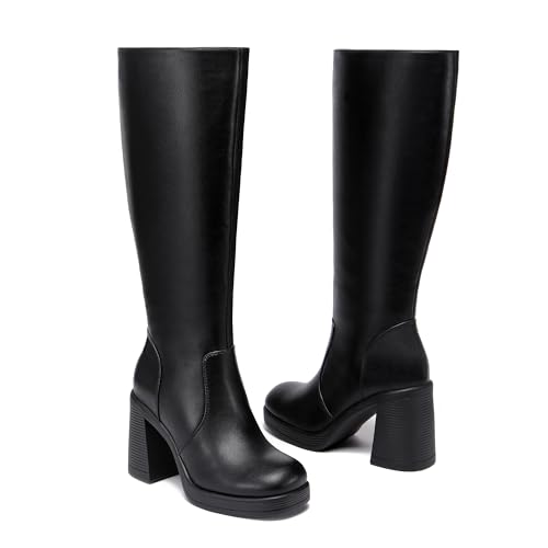 Knee High Boots Women Chunky Heeled Square Toe Boot Platform Tall Long Boots Side Zipper Gogo Boots2
