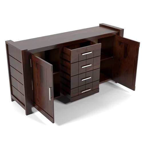 Image of Solid Sheesham Wood Wooden Sideboard Storage Cabinet & Chest of Drawer : Ideal for Living Room and Bedroom with 4 Drawers and 4-Shelf Storage (Chevalier, Walnut Finish)