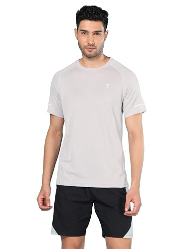 Image of TECHNOSPORT Men's Melange Slim Fit Round Neck T-Shirt Double Cool Raglan Sleeve Slip On Polyester for Gym Running Workout UPF50+ Anti Odour