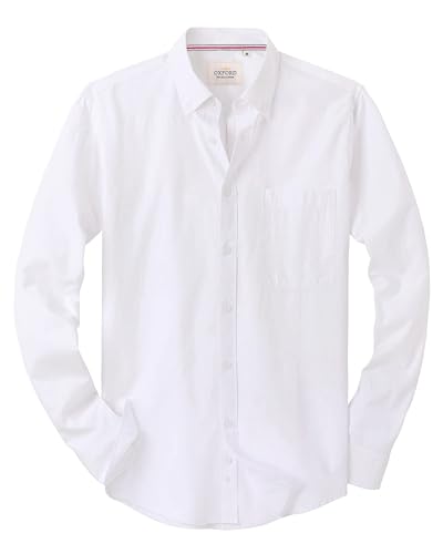 J.VER Oxford Herren Hemd Regular Fit Hemd Langarm Bügelleicht Casual Hemd aus Oxford Button Down Hemd Freizeithemd mit Tasche,Weiß,L