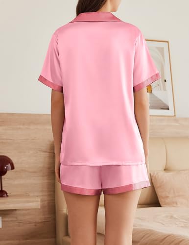 Image of Ekouaer Womens Silk Satin Pajama Set Short Sleeve PJs 2 Piece Button Down Top and Shorts Notch Collar Sleepwear Sets Soft Pjs