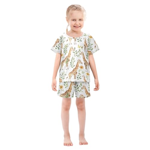 ALAZA Giraffe Leaf Blossom Pajamas Short Sleeve 2 Piece Sleepwear Top and Bottom Pajama Set Unisex3