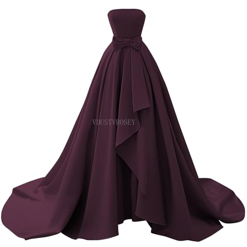 Satin Strapless Ball Gown 2025 Bow Bridesmaid Dress for Women Formal Flowy A-Line Hi-Lo Wedding Dress with Train