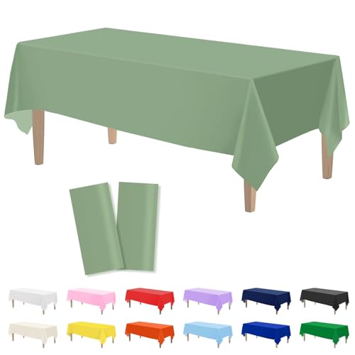 Image of Kopokita 2 Pack Sage Green Plastic Tablecloths Disposable 54 x 108 Inch | Rectangle Table Cloths, Party Table Covers for Birthday, Wedding, Bridal, Baby Shower Party Decorations