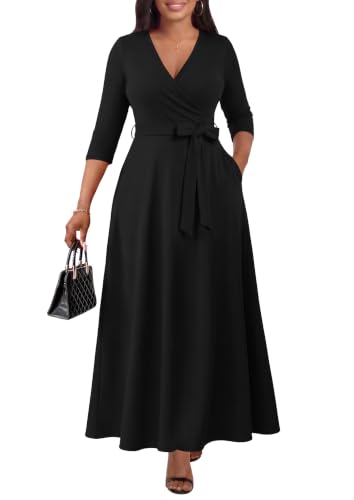 Image of FANDEE Plus Size Maxi Dress for Women Casual Summer Sundress V-Neck 3 /4 Sleeve