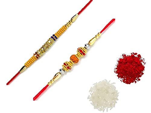 Image of Rakhi for Brother(Combo of 2) Rakhi Set of Rudraksh /Kundan /Pearl /Dimond Ring /Moti /Beads for Bhaiya, Bhabhi, Sister, Kids with roli chawal Rakhi-V0100