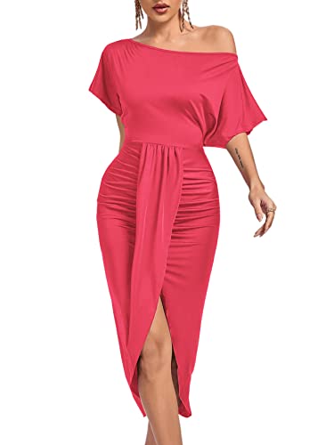 Image of LYANER Women's One Off The Shoulder Ruched Wrap Front Split Hem Draped Party Midi Dress