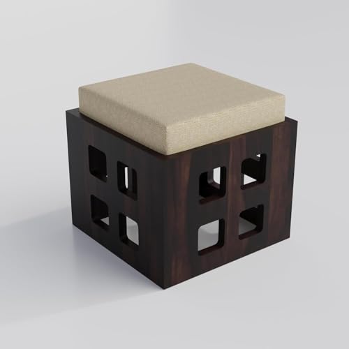 Image of Solid Sheesham Wood Coffee Table with 4 Stool | Center Table with 4 Stools for Living Room | Rosewood Teapoy Table with Cushioned Stool (Square,Walnut Finish)