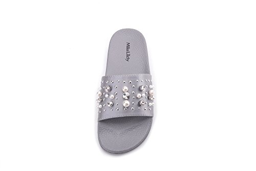 Mila Lady Womens Summer Non-Slip Slides Sandals Slipper for Indoor Outdoor Beach Casual Shoes, Sandy Grey 7