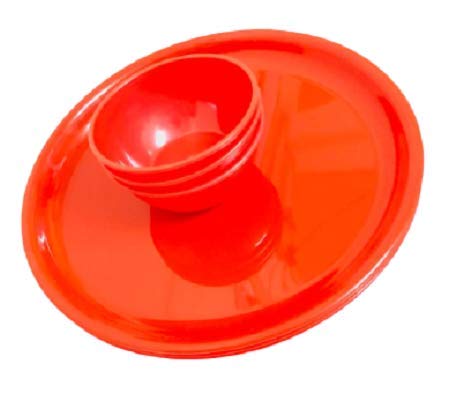 Image of Plastic Unbreakable Round Microwave Safe Full Dinner Plate & Bowl Set (4 Plates & 4 Bowls)- Cherry Red