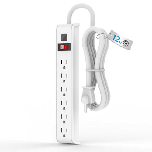 TiFFCOFiO Surge Protector Power Strip 12 Feet Extension Cord 600 Joules Surge Protection Multiple Protection 6 Outlet Strip 14 AWG Cord 15A/1875W ETL Listed