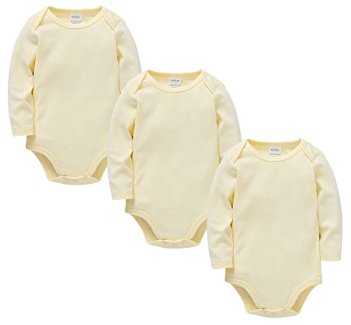 kavkas Body de manga larga para bebé para niños y niñas recién nacidos, chalecos de algodón, camisetas para bebés, mamelucos sólidos, paquete de 3 (0-24M), amarillo, 1 mes Cover