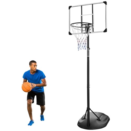 LSKSSNG Sistema de aro de baloncesto portátil de 7 a 9 pies, aro de baloncesto de altura ajustable y porterías con tablero trasero inastillable de 32 pulgadas, sistema de portería de baloncesto para