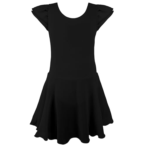 ZNYUNE Mädchen Ballettkleidung Kreuz Rücken Blattärmel Baumwolle Tanzkleid Tanzbody Balletttrikot Ballettanzug Kinder mit Chiffon Rock Tütü B440 Black 152/158