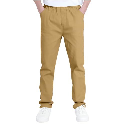 Boys' Stretchy Pull on Chino Pants Kids School Uniform Twill Pants Straight Leg Elastic Waist Trousers with Pockets