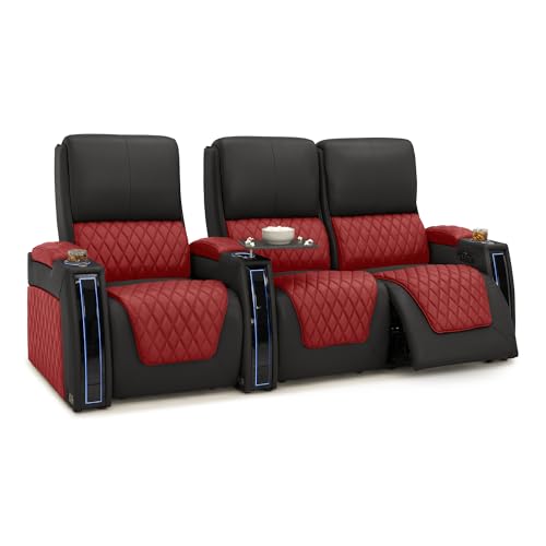 Image of Seatcraft Apex Red /Black Italian Leather Home Theater Seating, Zero Gravity Power Recliner Chair, Powered Headrest and Lumbar Gaming and Lounge Sofa Furniture for Cinema Room, Row of 3 Right Loveseats