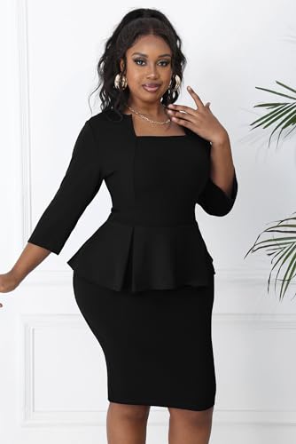Runwind Plus Size Dress for Curvy Women Midi Church Wear to Work Bodycon Vintage Peplum 3/4 Sleeve Sheath Pencil Dress3
